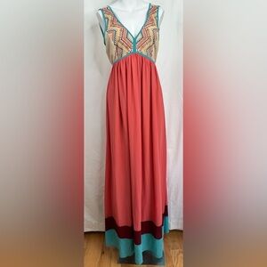 Margo & Sebastian Boho Maxi Dress Coral Tribal Colorblock Embroidered Size L